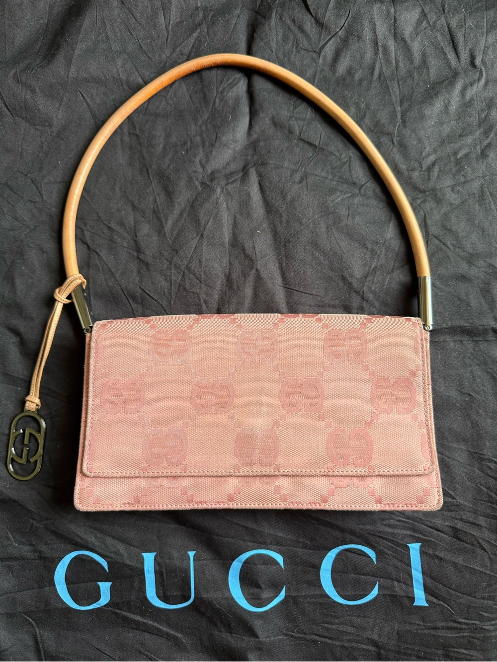 Gucci Pink Monogram Shoulder Bag with Tan Strap